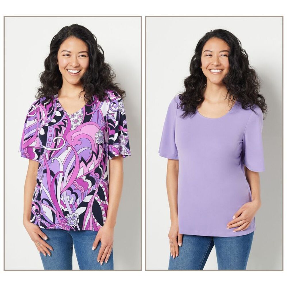 Susan Graver Women's Top Sz M Print & Solid Liquid Knit Tops Purple A397785